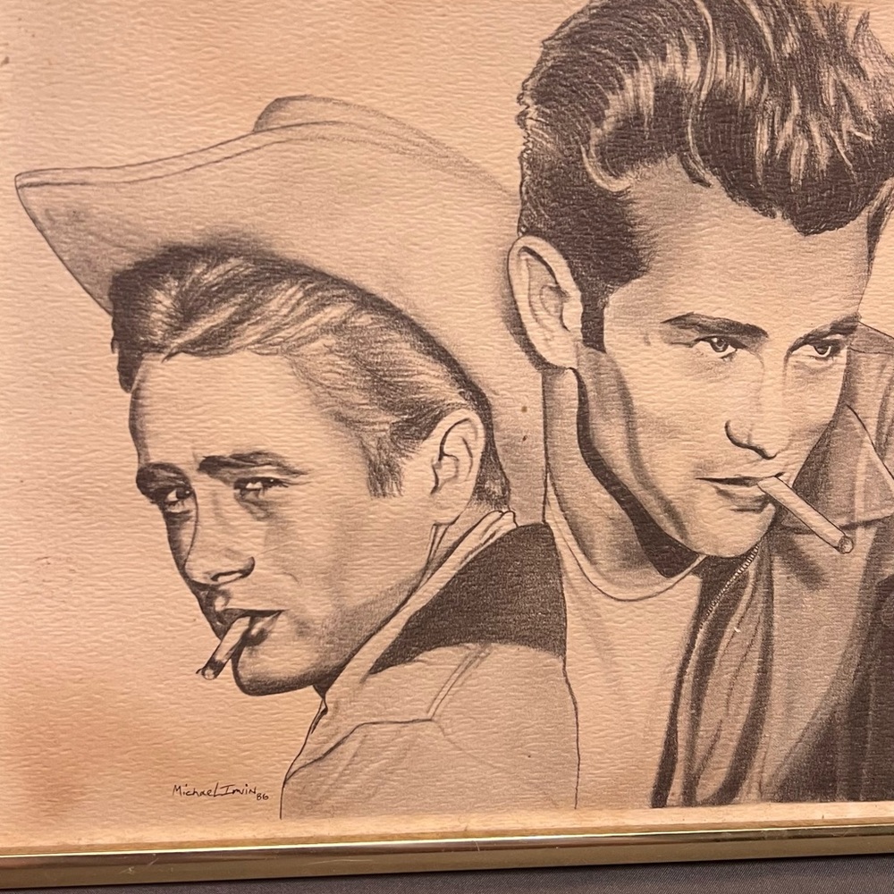 Framed Michel Irvin Pencil Sketch Print James Dean Gold Metal Frame 12x9.25”